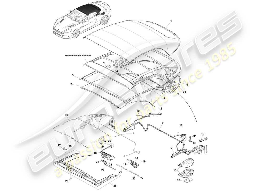 aston martin vanquish (2013) volante roof assembly part diagram