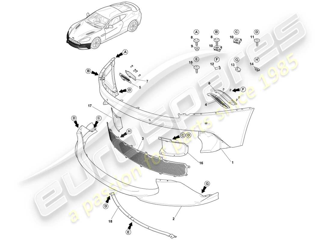 aston martin vanquish (2013) front bumper, s part diagram