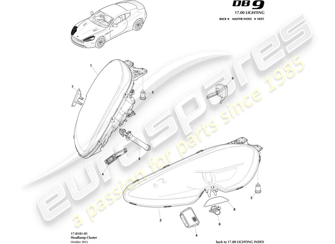 aston martin db9 (2013) headlights parts diagram