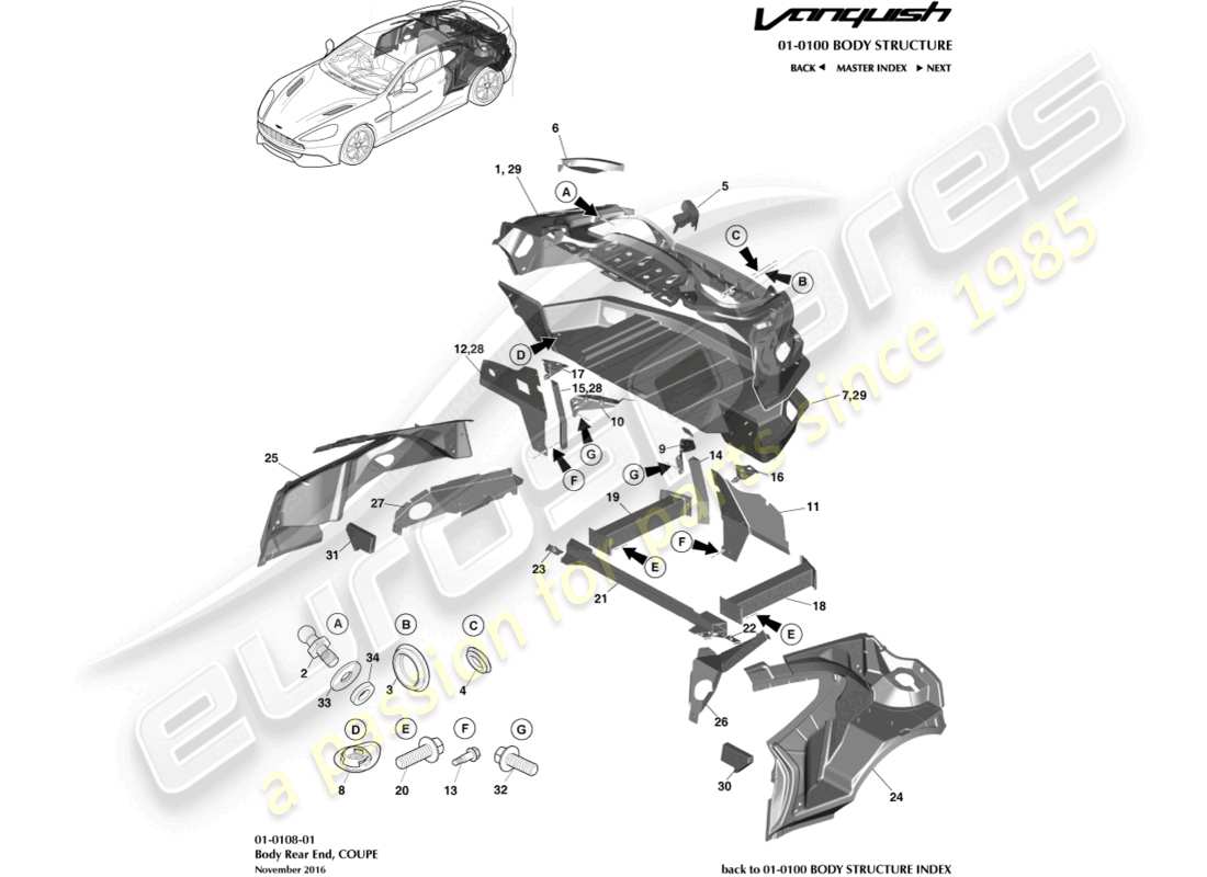 aston martin vanquish (2016) body rear end, coupe part diagram