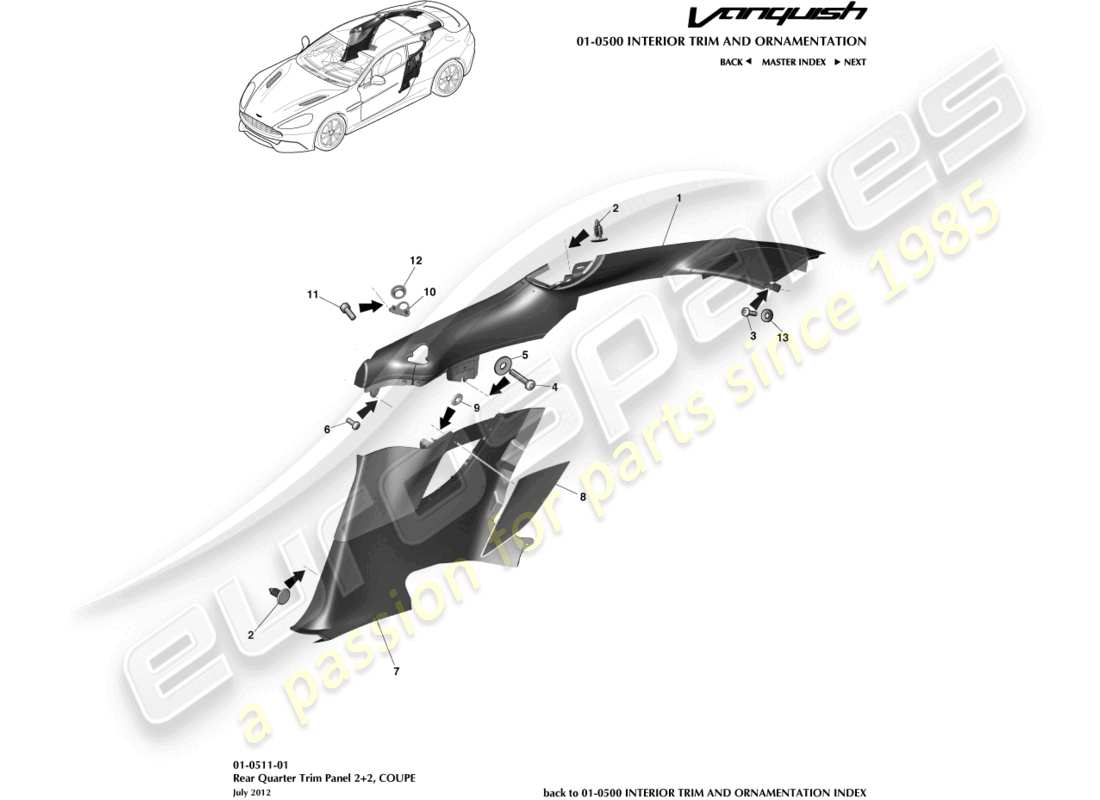 aston martin vanquish (2016) rear quarter trim panel, 2+2 coupe part diagram