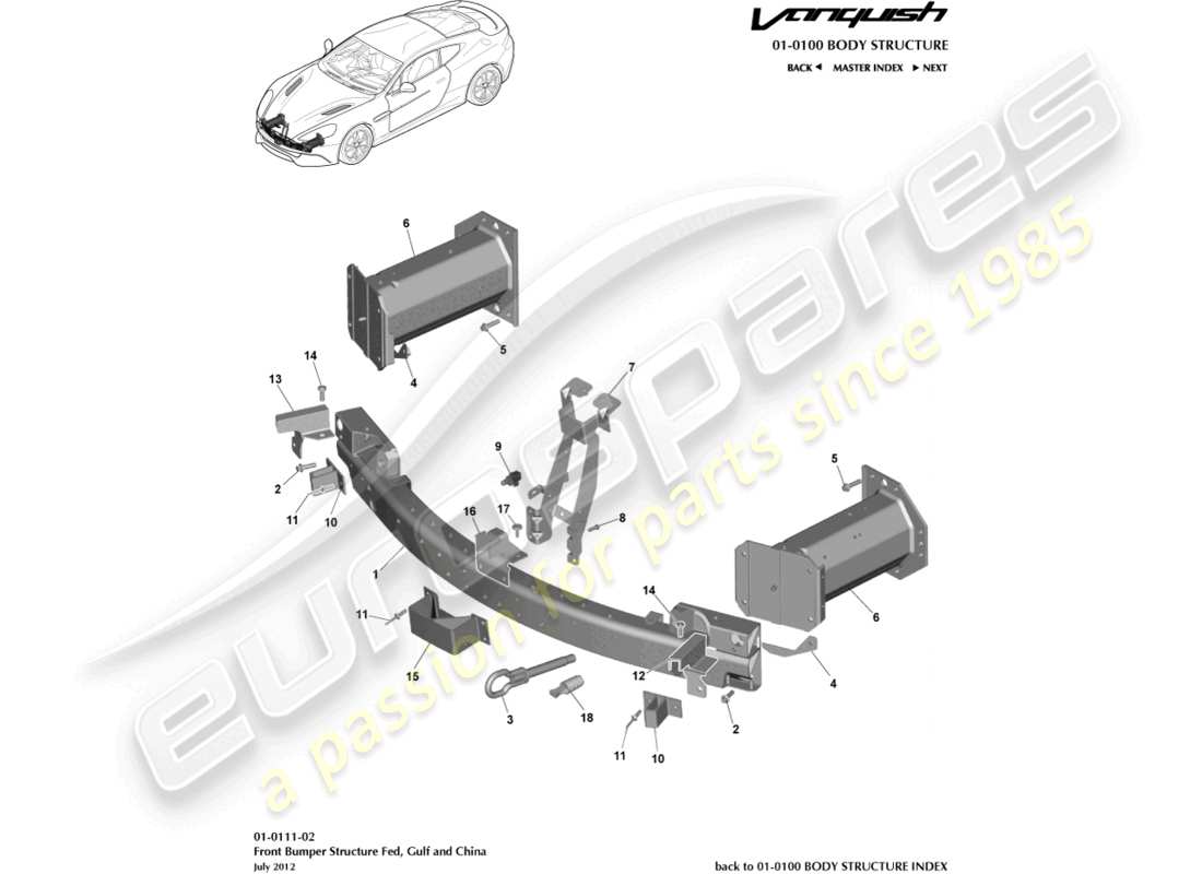 aston martin vanquish (2016) front bumper structure, federal part diagram