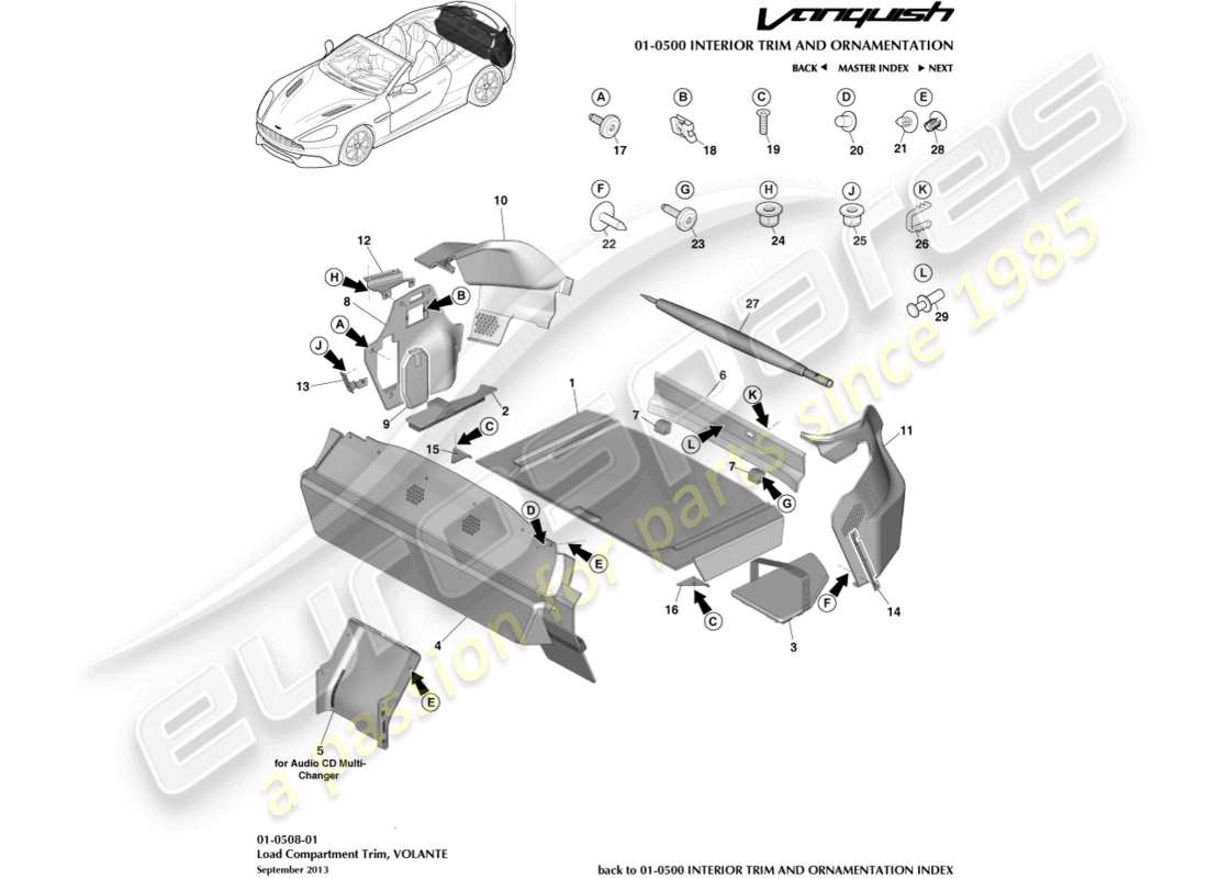 aston martin vanquish (2016) load compartment trim, volante part diagram