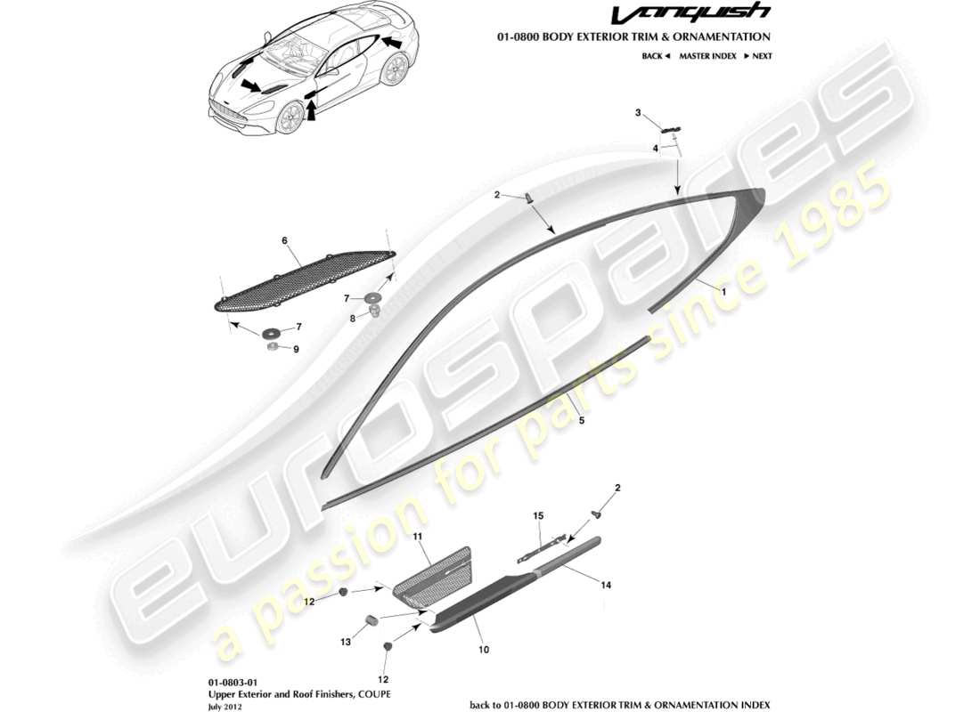 aston martin vanquish (2016) upper exteriod finishers, coupe part diagram