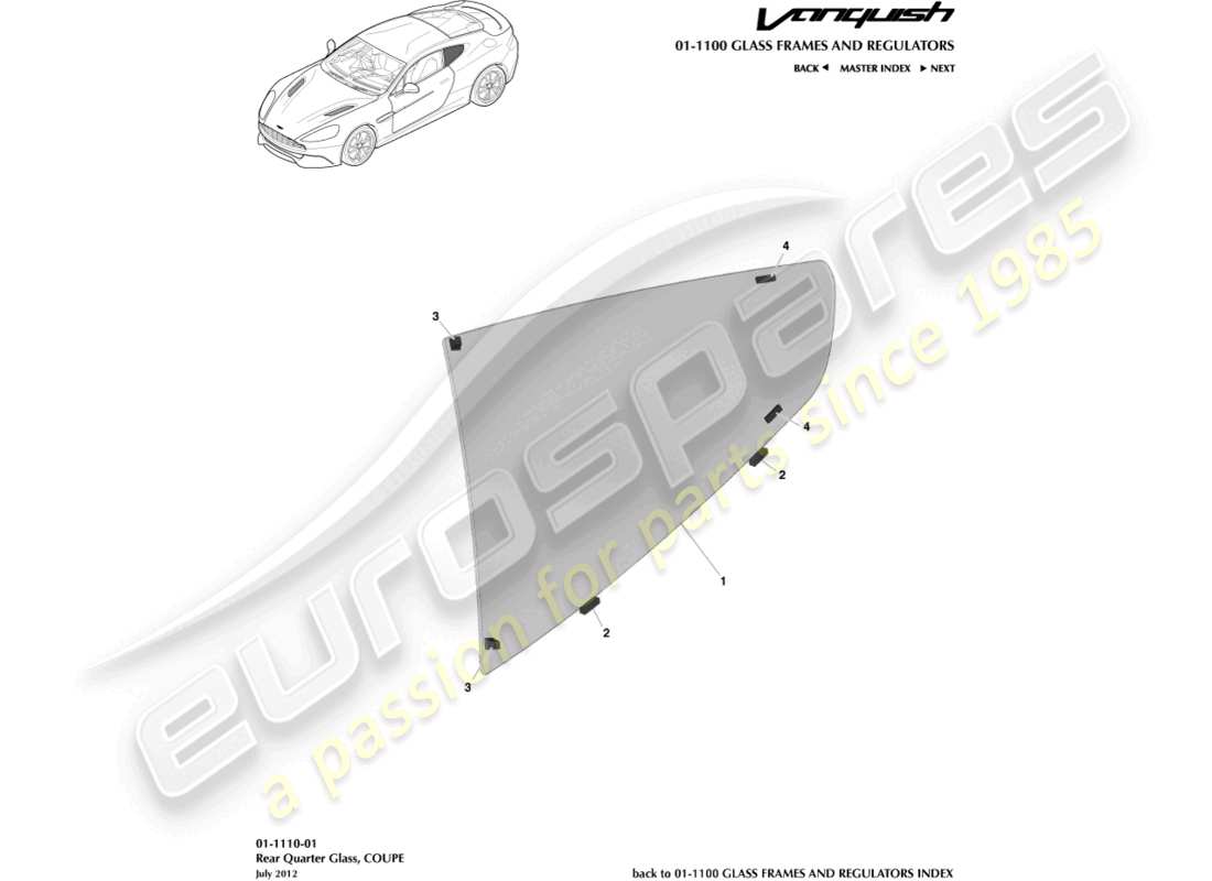 aston martin vanquish (2017) rear quarter glass, coupe part diagram