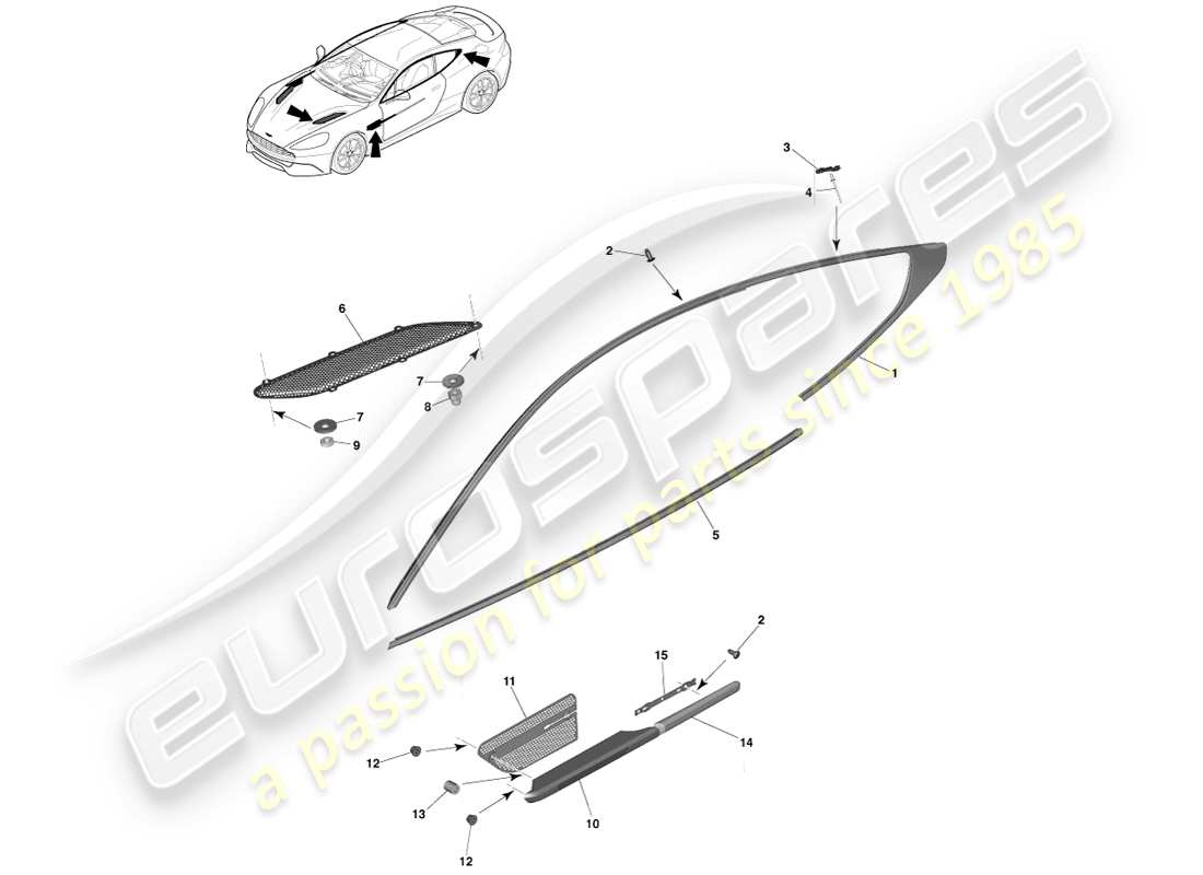 aston martin vanquish (2013) upper exterior finishers, coupe part diagram