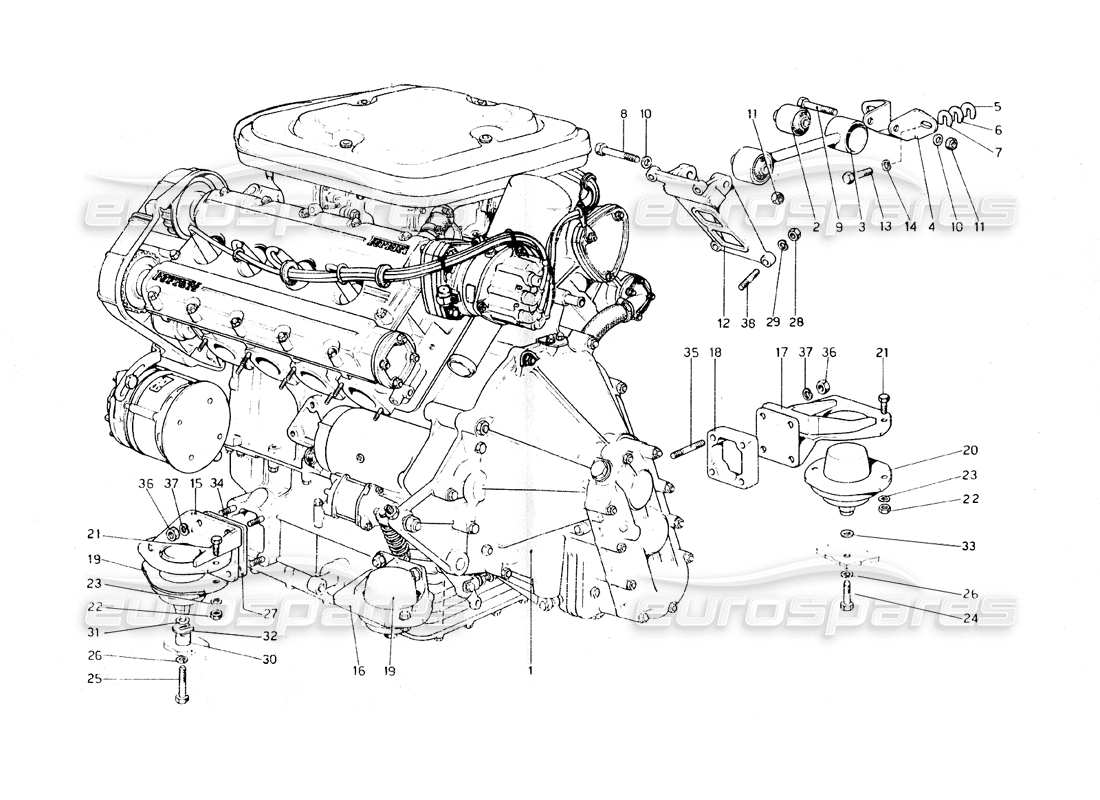 ferrari 308 gt4 dino (1979) engine - gearbox and supports part diagram