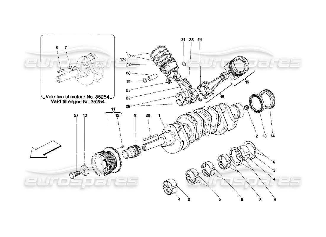 ferrari 348 (2.7 motronic) crankshaft, conrods and pistons part diagram