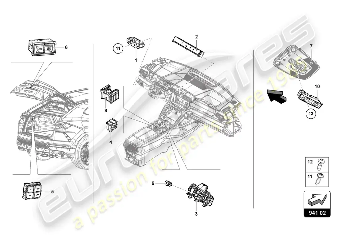 lamborghini urus performante (2023) control panel with pushbuttons parts diagram