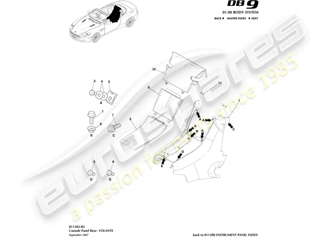 aston martin db9 (2009) rear console, volante parts diagram