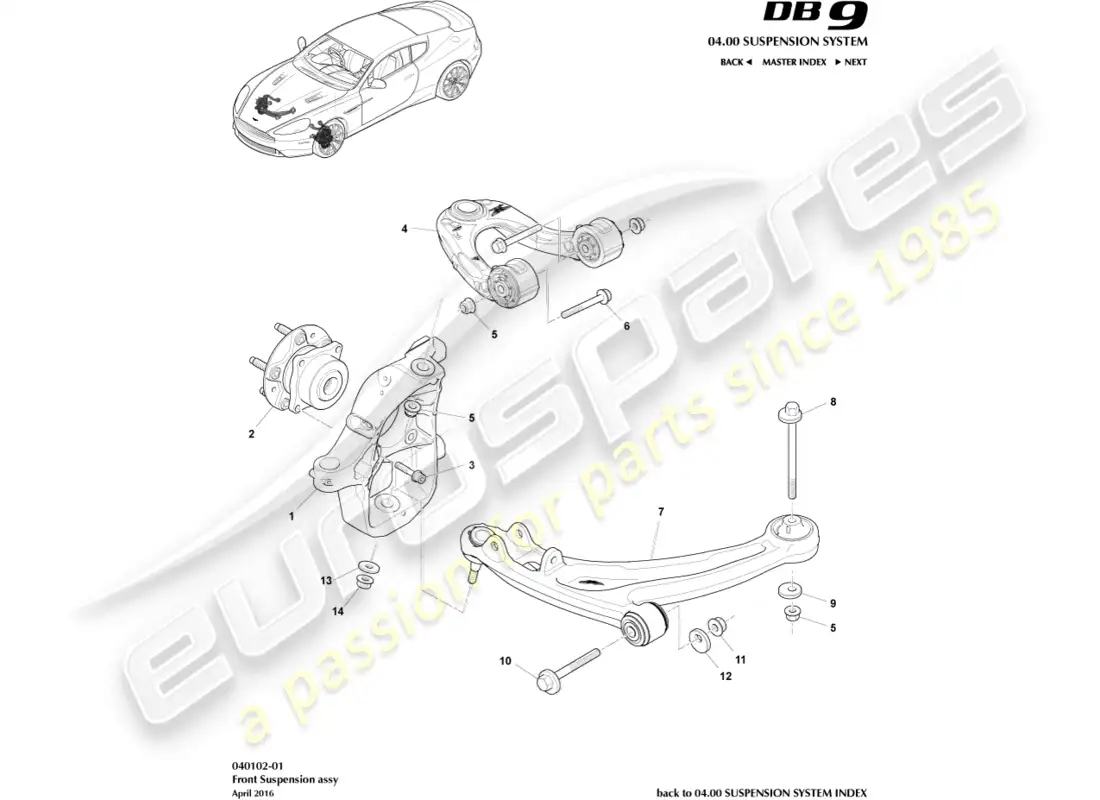 aston martin db9 (2014) front suspension assembly parts diagram