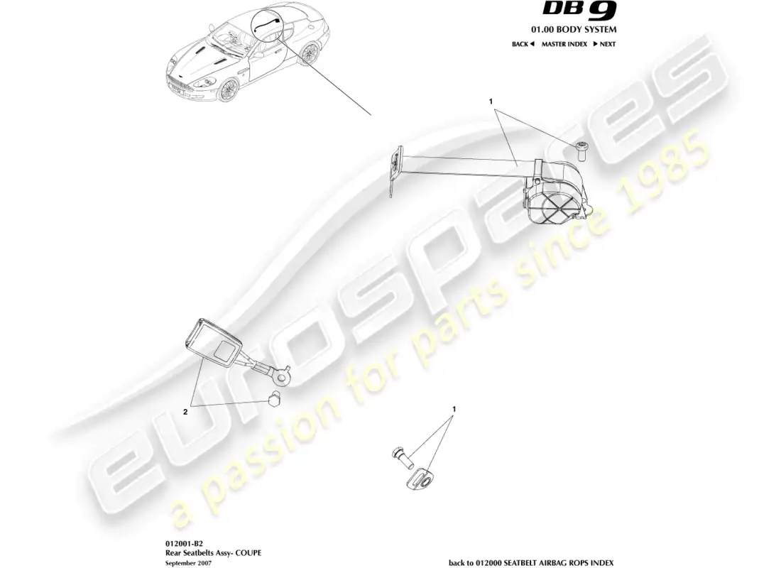 aston martin db9 (2011) rear seat belts, coupe parts diagram