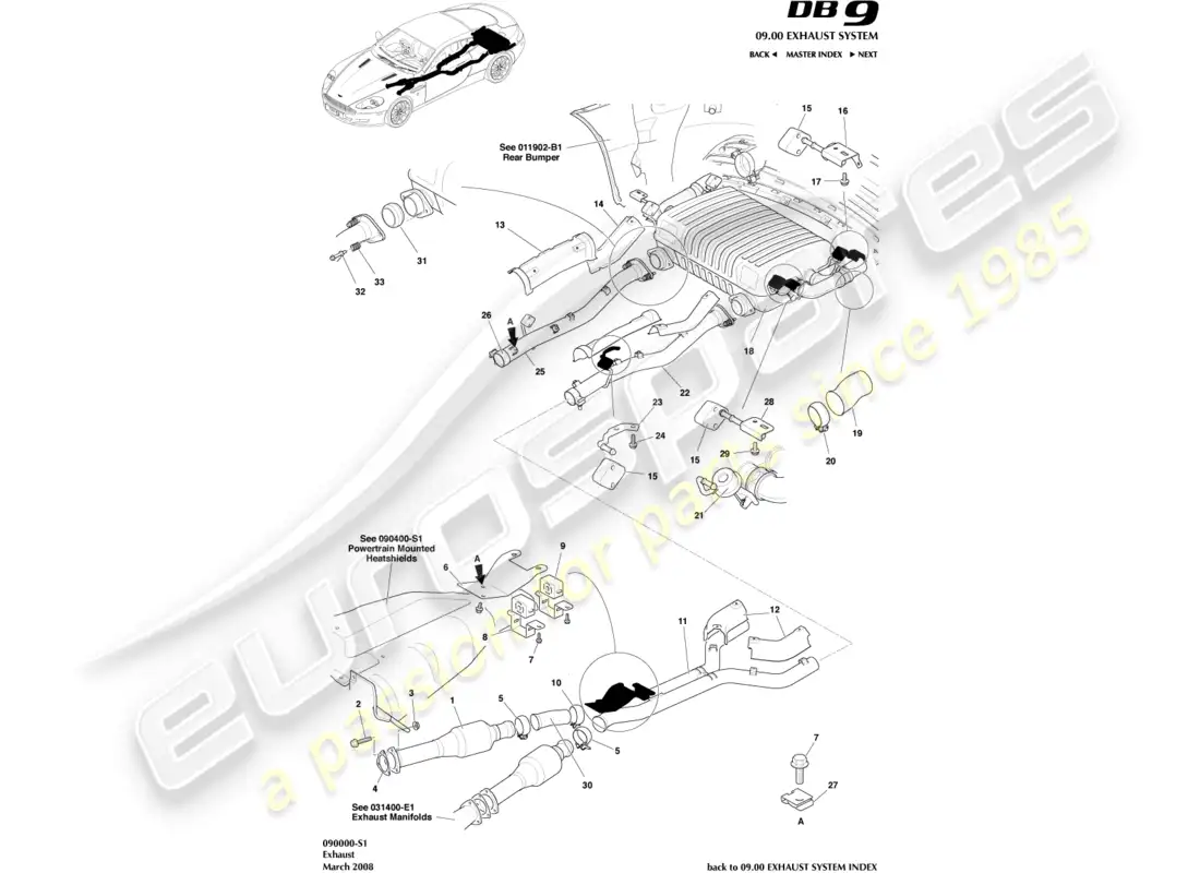 aston martin db9 (2011) exhaust system parts diagram