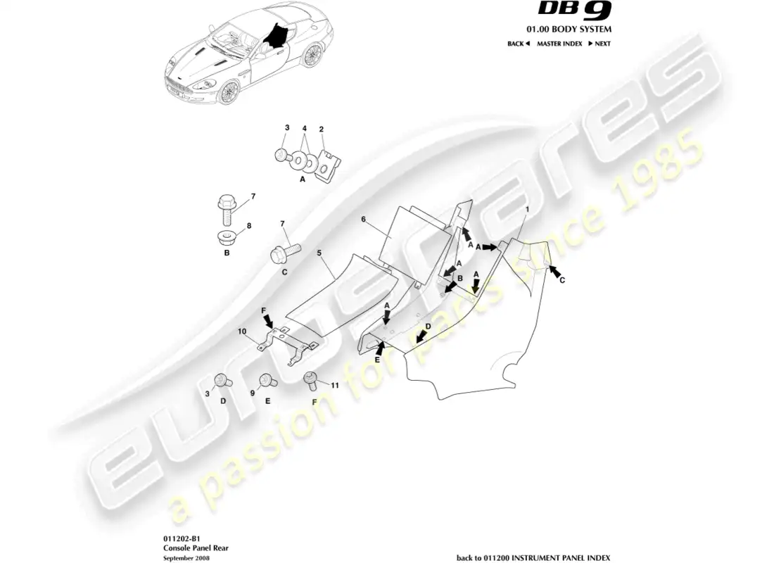 aston martin db9 (2005) rear console, coupe parts diagram