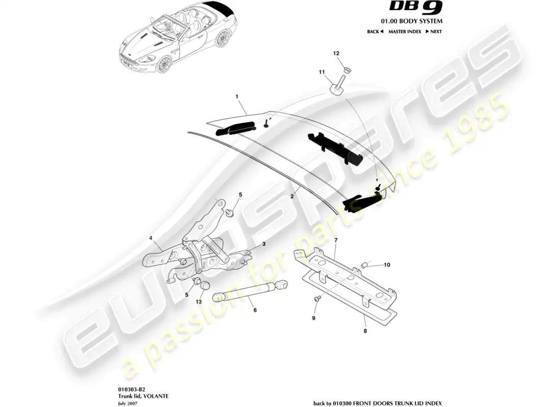 aston martin db9 (2004) trunk lid, volante parts diagram