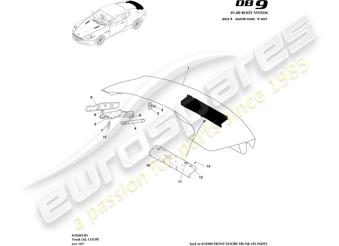 aston martin db9 (2004) trunk lid, coupe parts diagram