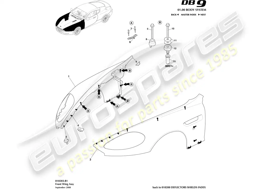 aston martin db9 (2005) front wing assembly parts diagram