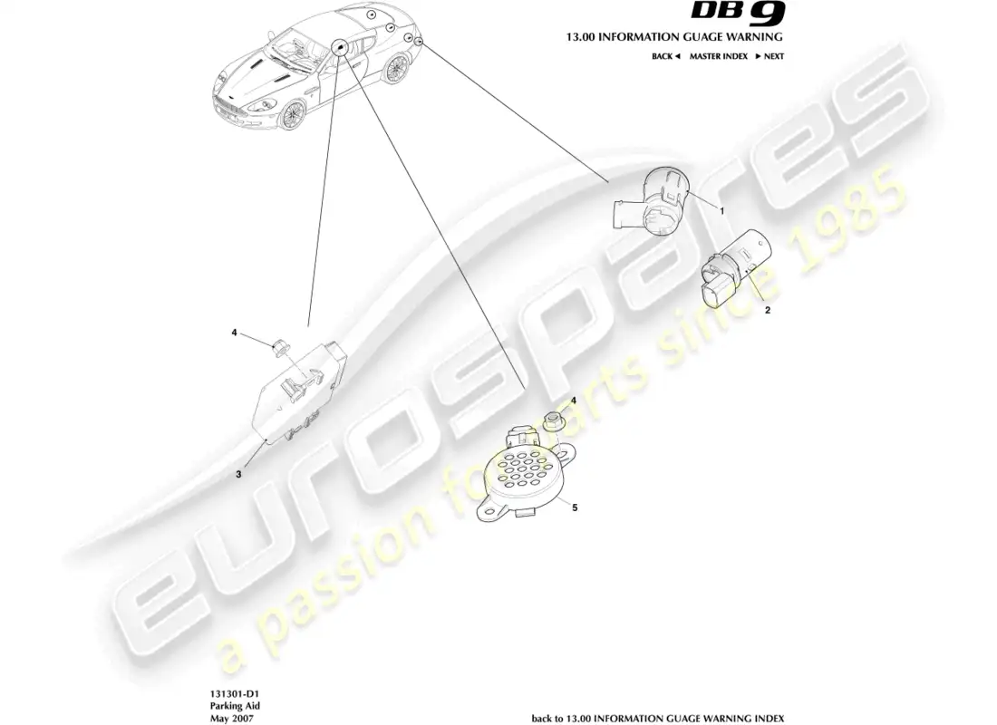 aston martin db9 (2004) parking aid sensors parts diagram