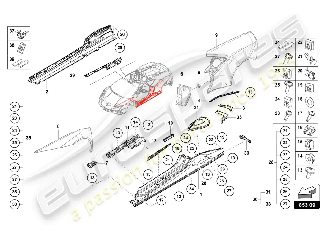 lamborghini evo coupe 2wd (2021) lower external side member for wheel housing parts diagram