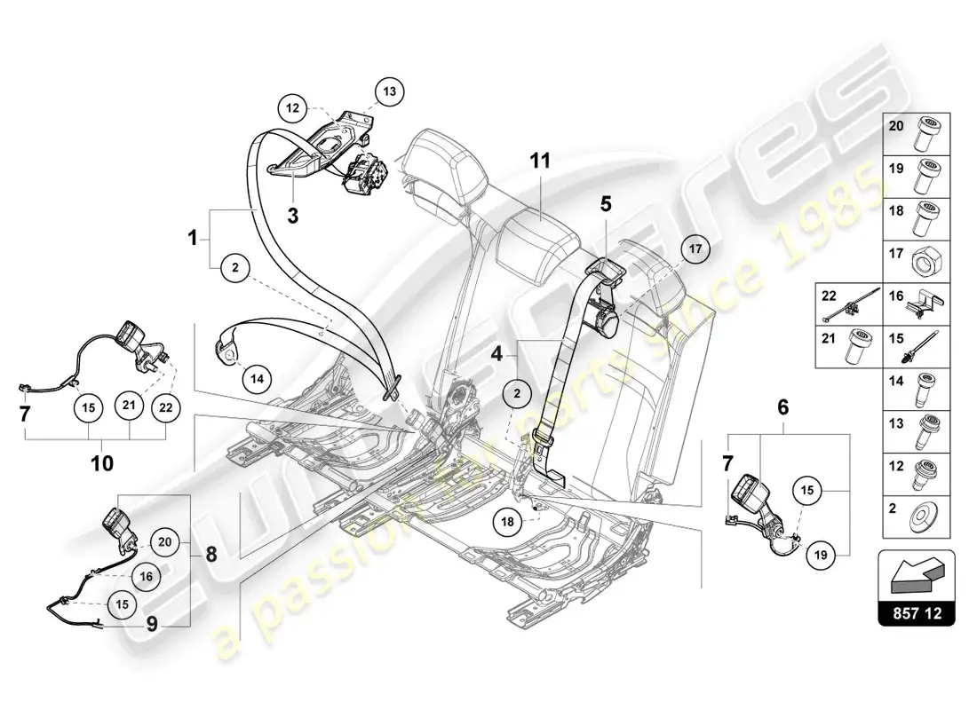 lamborghini urus (2020) three-point safety belt 3. seat bench parts diagram