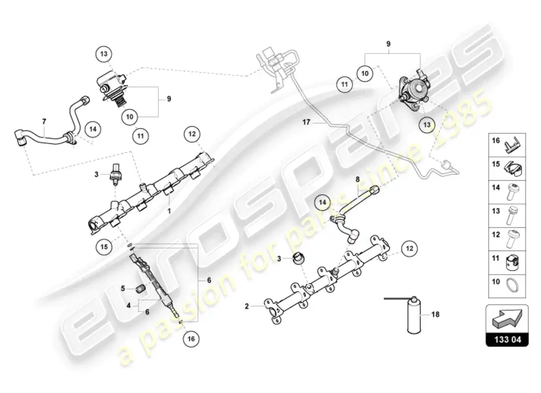 lamborghini urus s (2024) fuel injector with injector rails parts diagram
