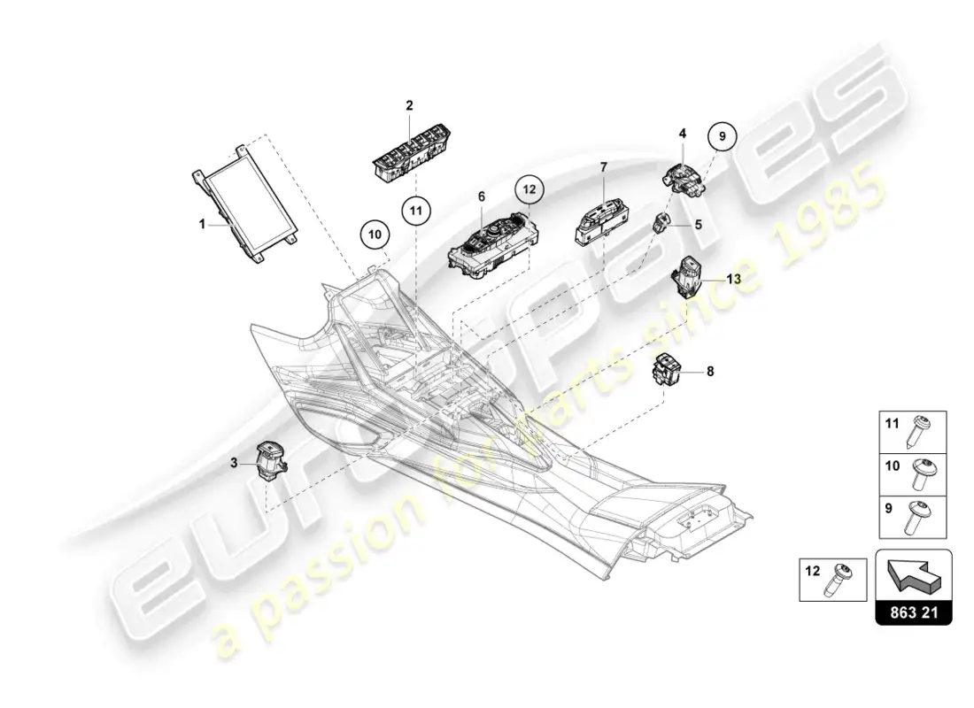 lamborghini sian roadster (2021) switch unit tunnel parts diagram