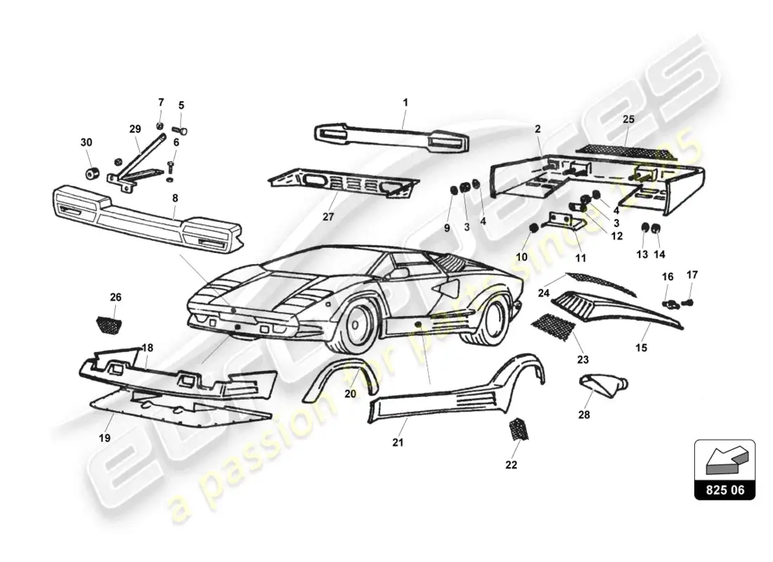 lamborghini countach 25th anniversary (1989) external lining parts diagram