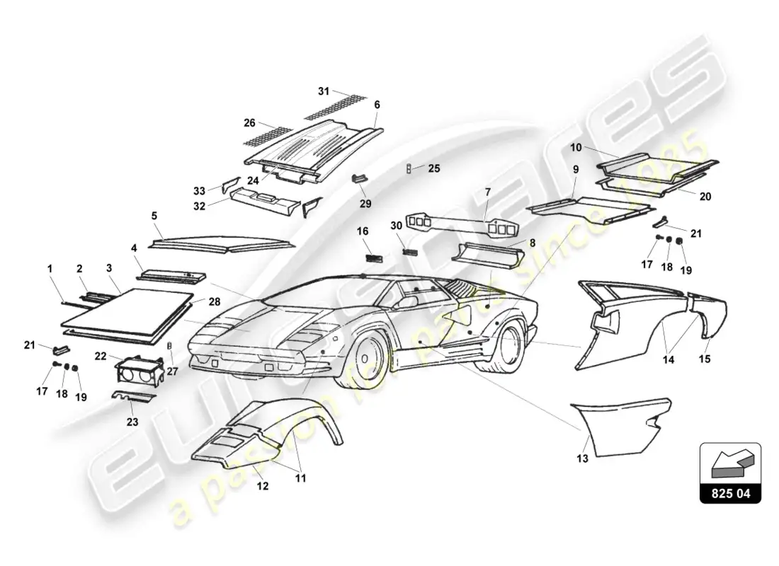 lamborghini countach 25th anniversary (1989) external lining parts diagram