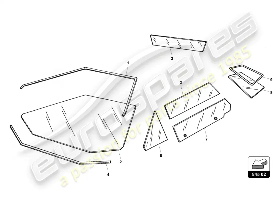 lamborghini countach 25th anniversary (1989) windscreen and door glasses parts diagram