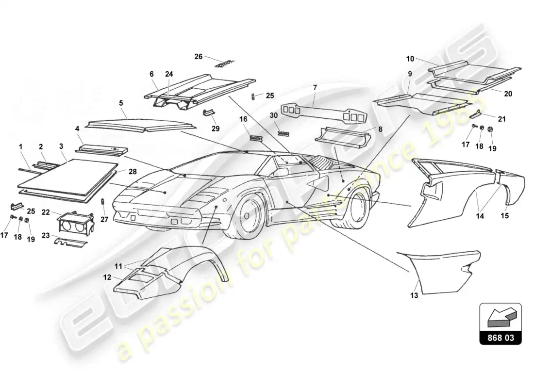 lamborghini countach 25th anniversary (1989) external lining parts diagram