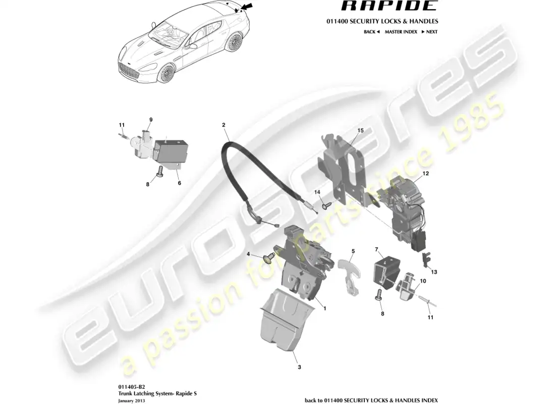 aston martin rapide (2012) trunk latch system, s parts diagram