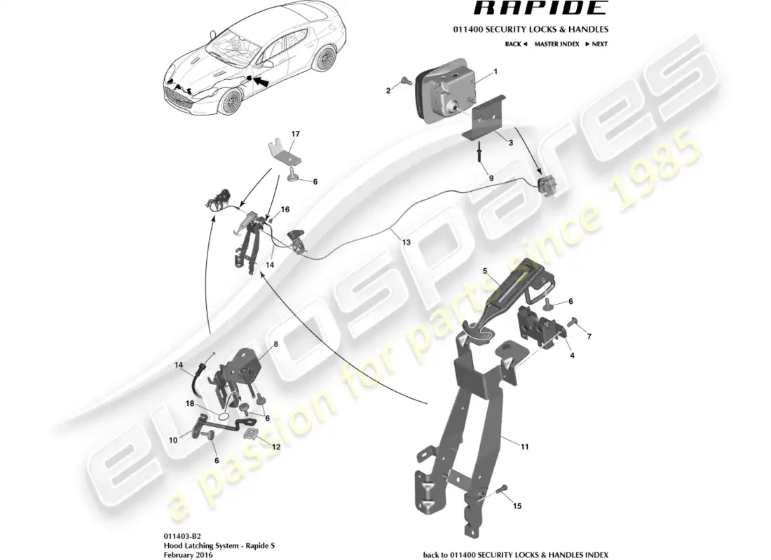 aston martin rapide (2012) hood latch system, s parts diagram