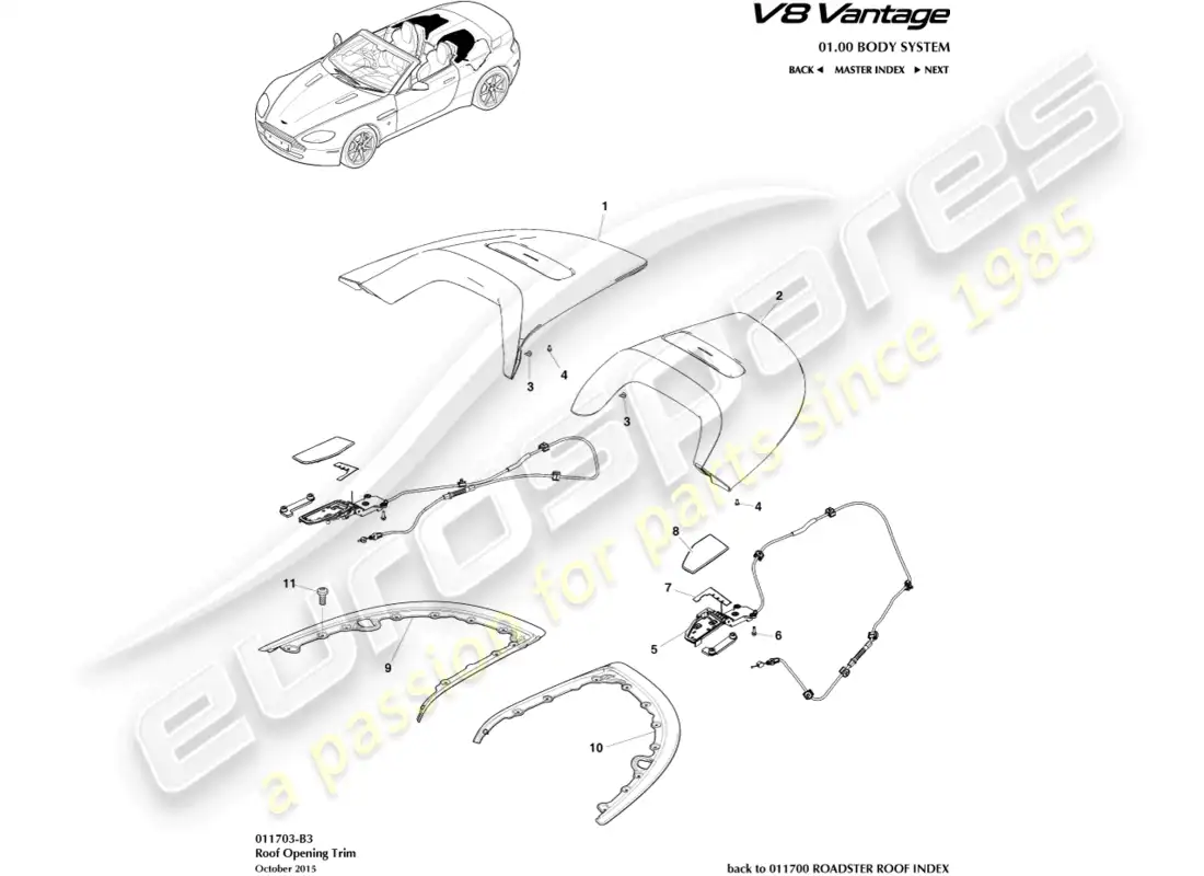 aston martin v8 vantage (2015) roof opening trim part diagram