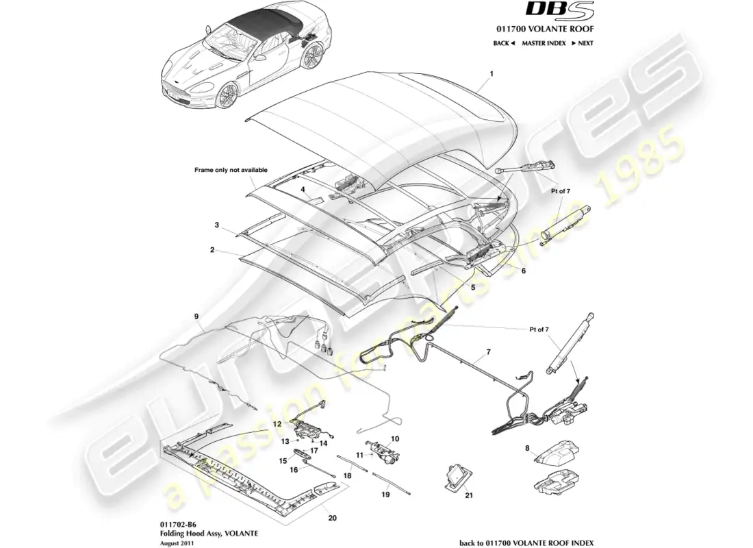 aston martin dbs (2010) volante roof assembly parts diagram