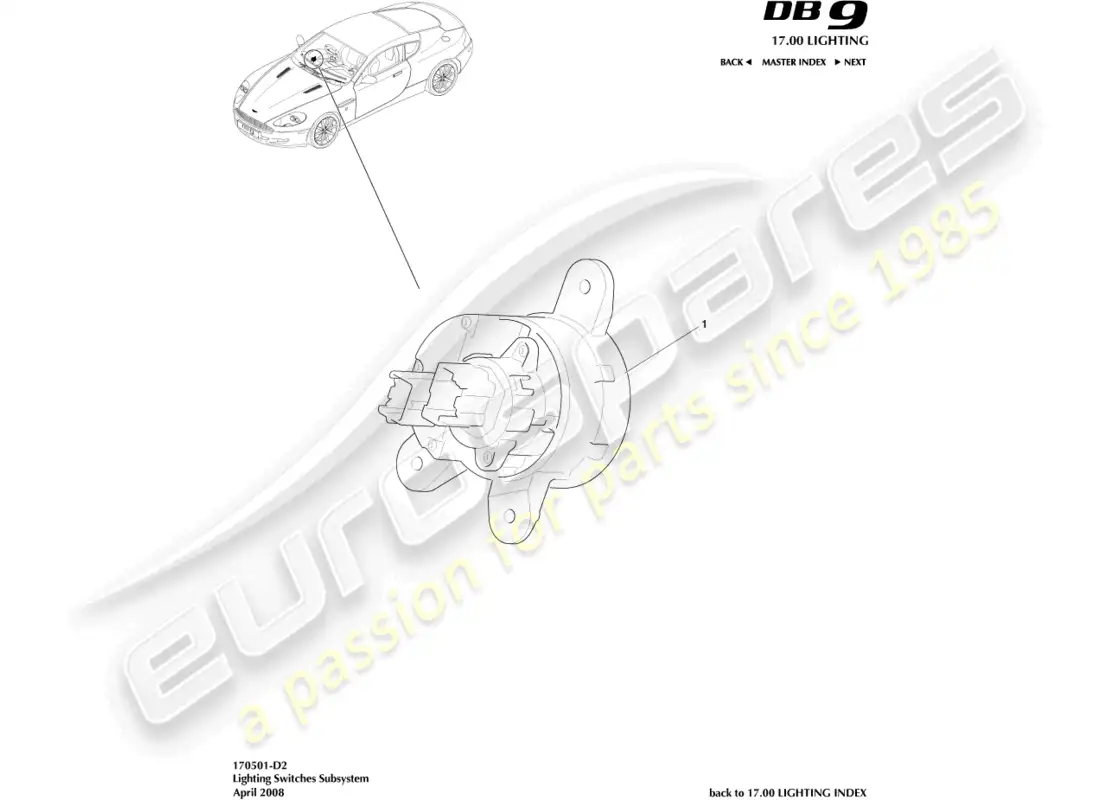 aston martin db9 (2009) lighting switch parts diagram