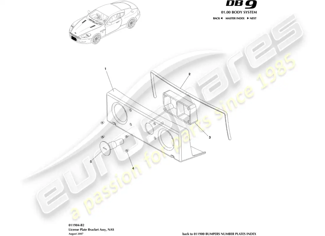 aston martin db9 (2011) license plate brackets, nas parts diagram