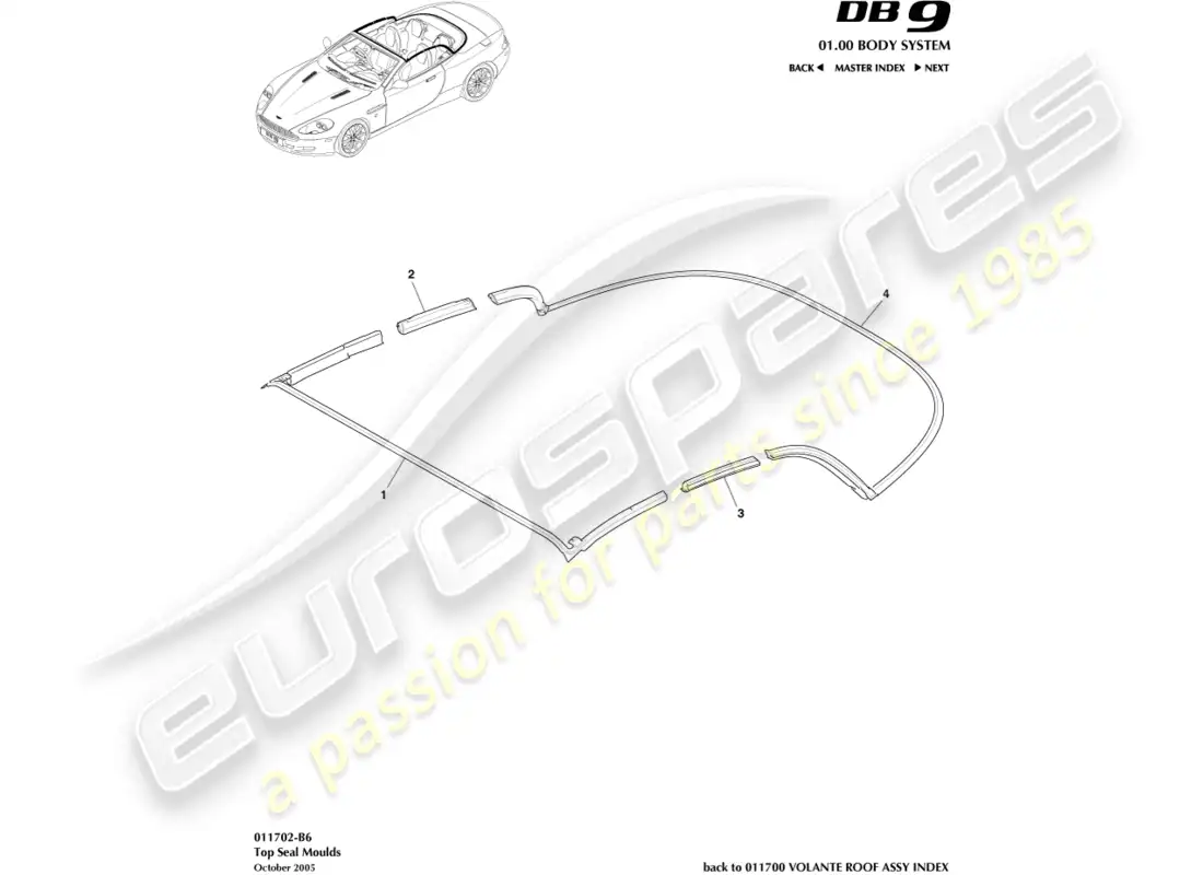 aston martin db9 (2007) top seal moulding parts diagram