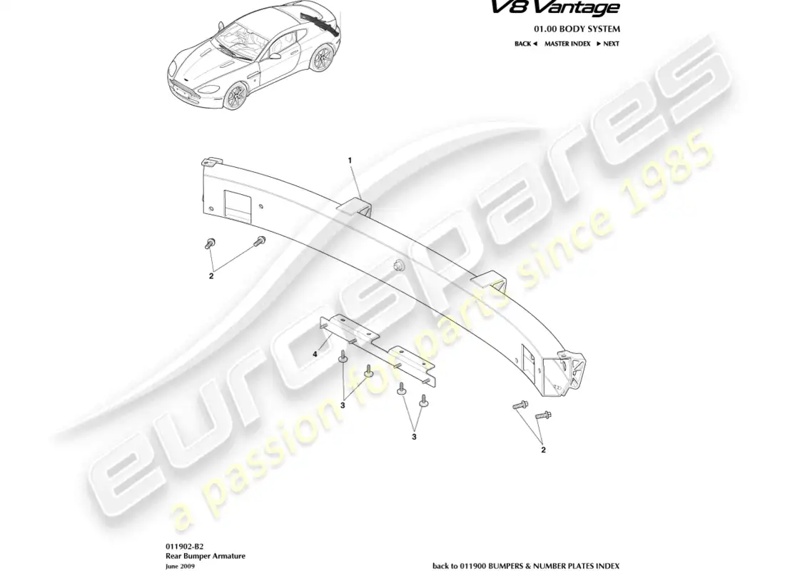 aston martin v8 vantage (2015) rear bumper armature part diagram