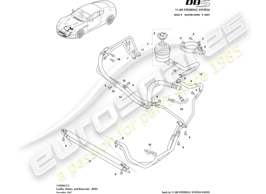 aston martin dbs (2007) cooler, hoses & reservoir, rhd parts diagram