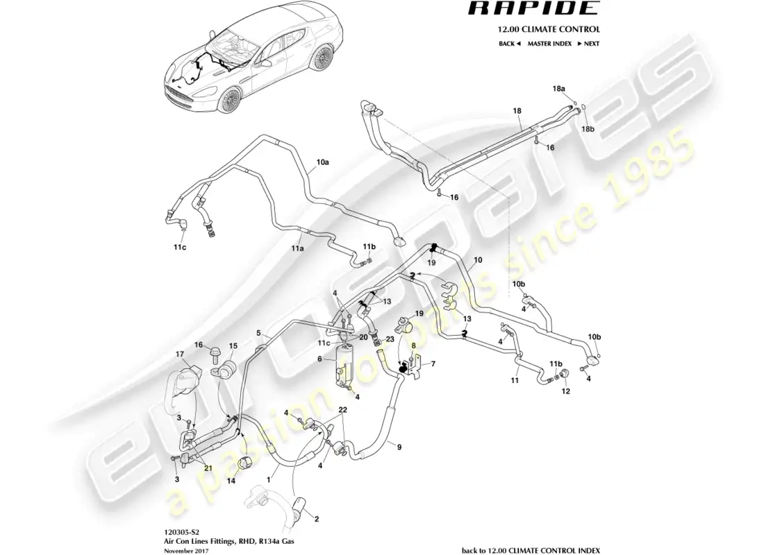 aston martin rapide (2012) air con lines, r134a, rhd parts diagram