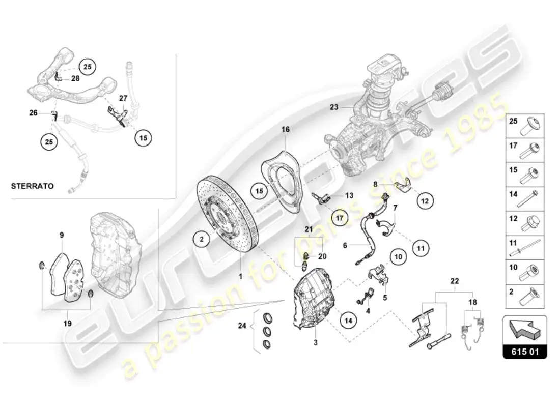 lamborghini evo spyder (2024) ceramic brake disc front parts diagram