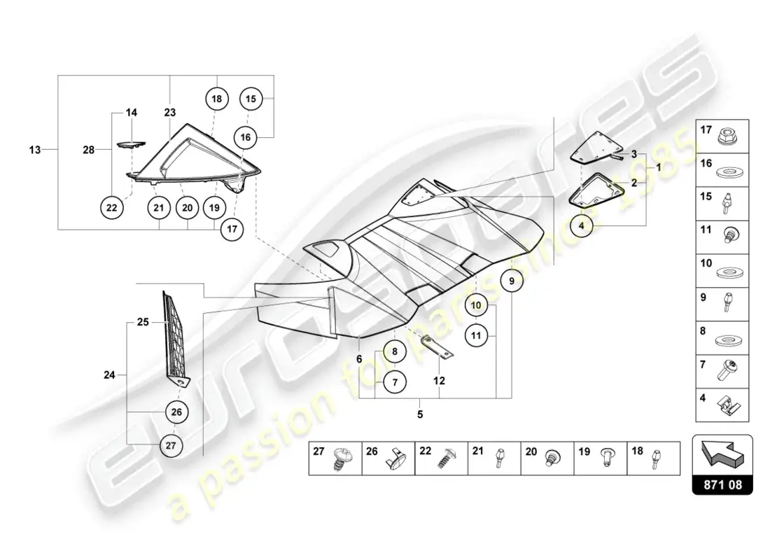 lamborghini evo spyder (2022) conv. top, hinge cover parts diagram