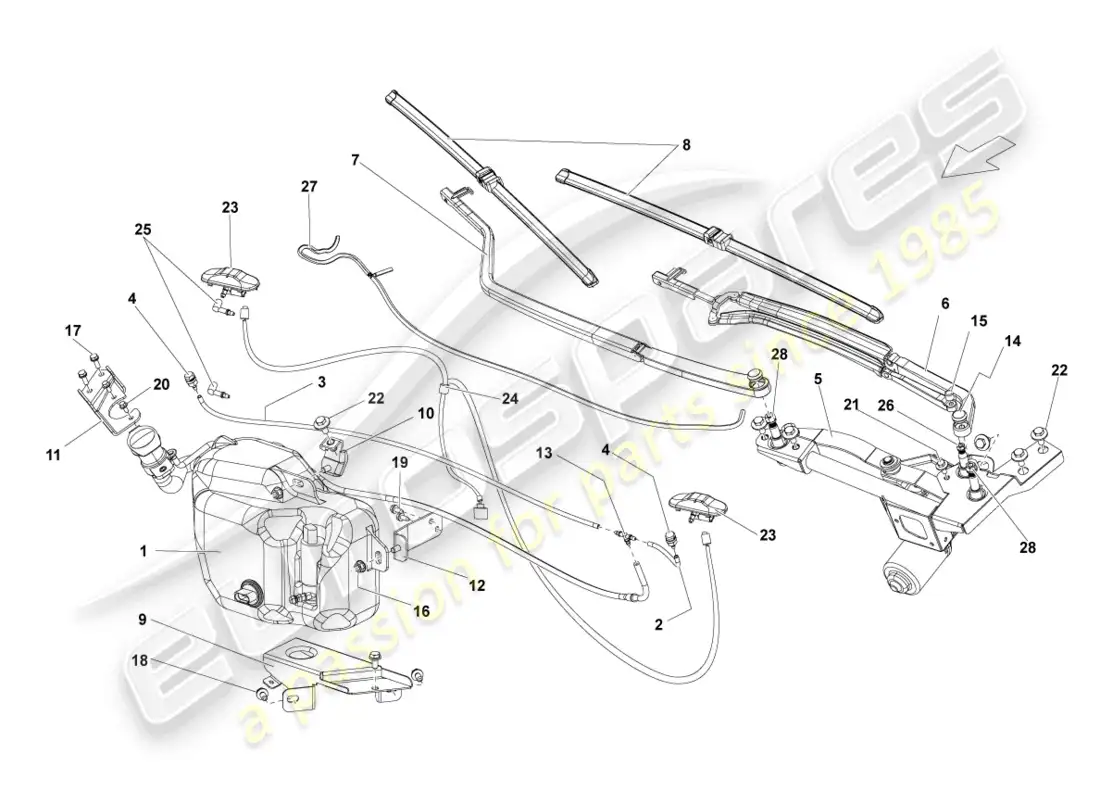 lamborghini gallardo coupe (2004) windscreen washer system parts diagram