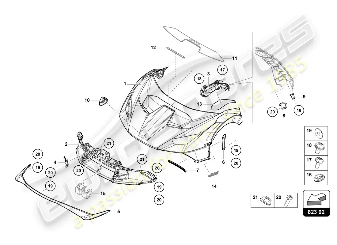 lamborghini sto (2021) bonnet front parts diagram