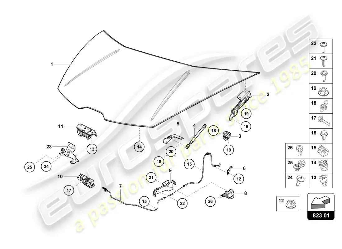 lamborghini evo coupe (2022) bonnet parts diagram