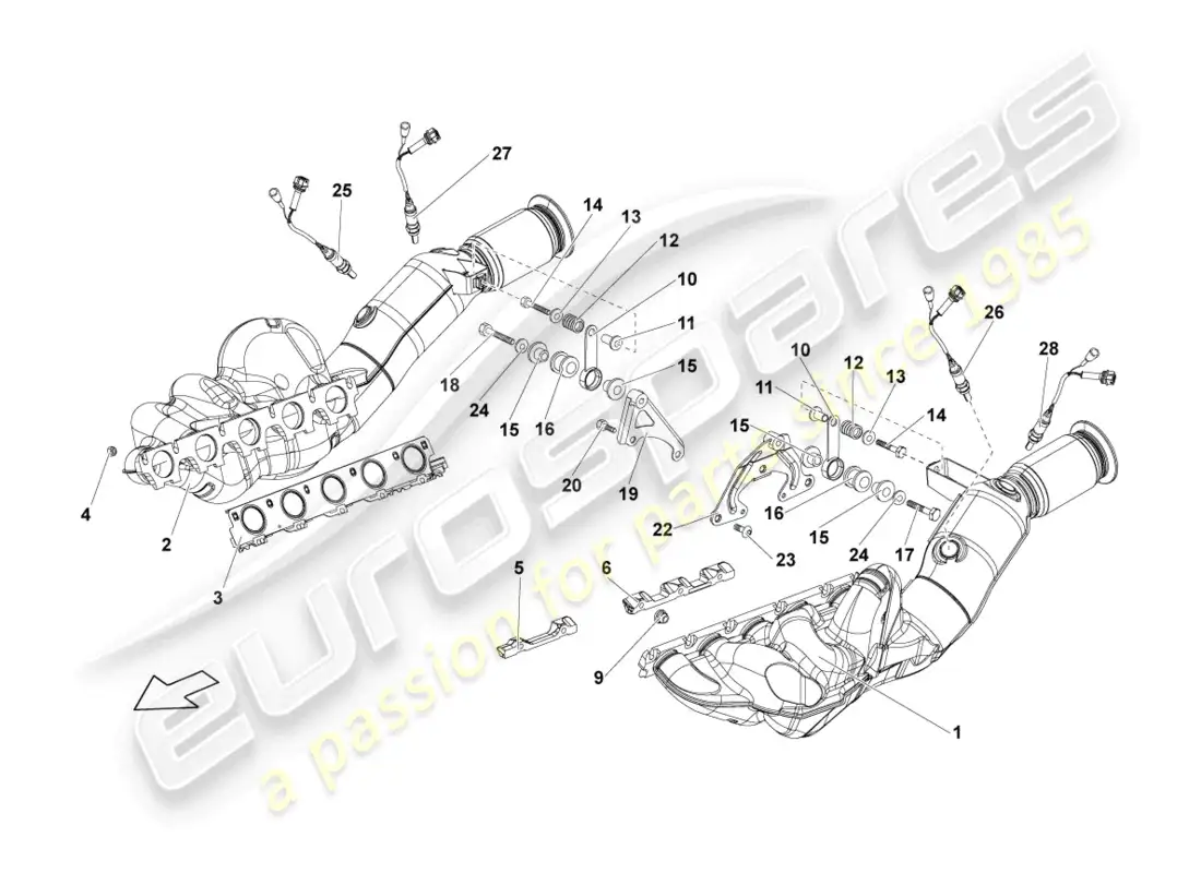 lamborghini lp560-4 spider (2012) exhaust manifold with catalytic converter parts diagram