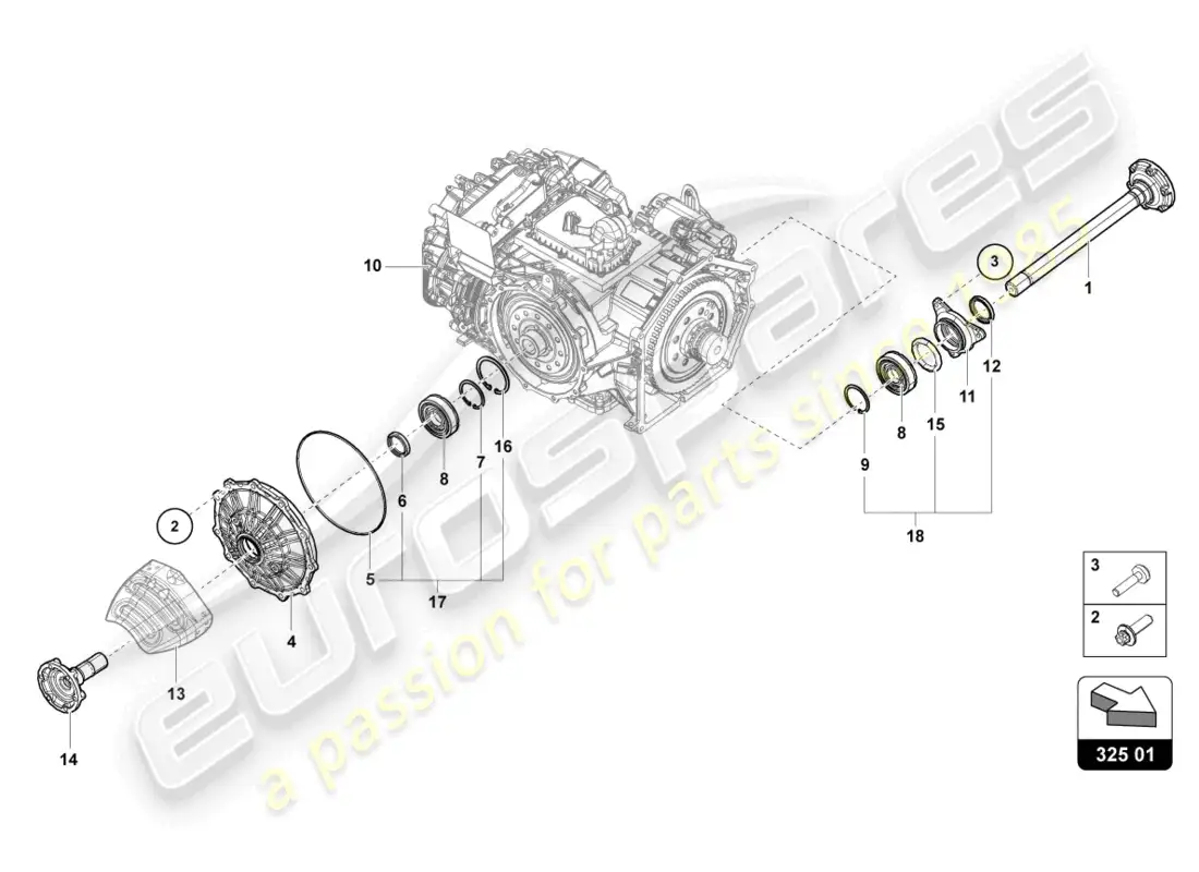 lamborghini evo coupe 2wd (2022) flanged shaft with bearing parts diagram
