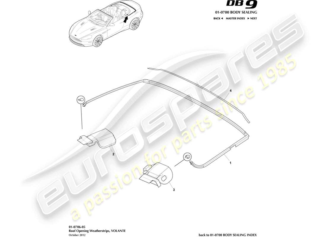 aston martin db9 (2016) roof opening weatherstrip, volante part diagram