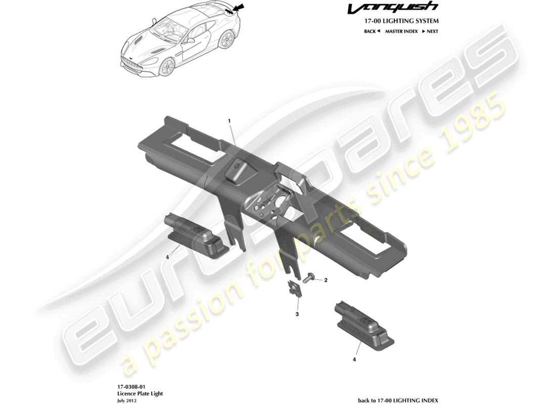 aston martin vanquish (2015) license plate lamps part diagram