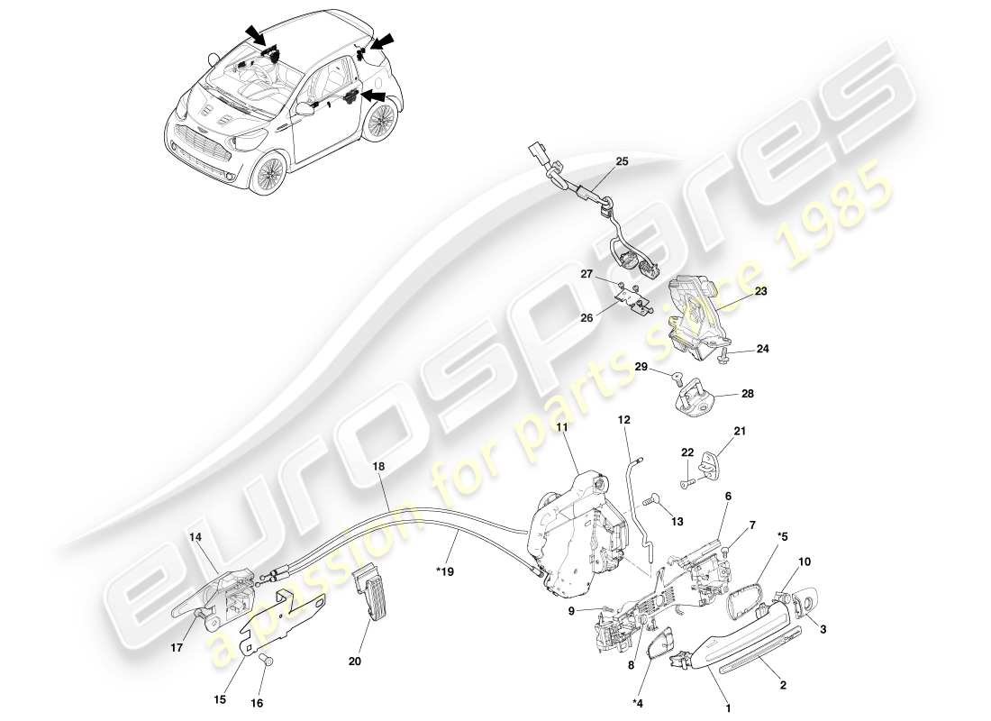 aston martin cygnet (2012) handle and actuation part diagram
